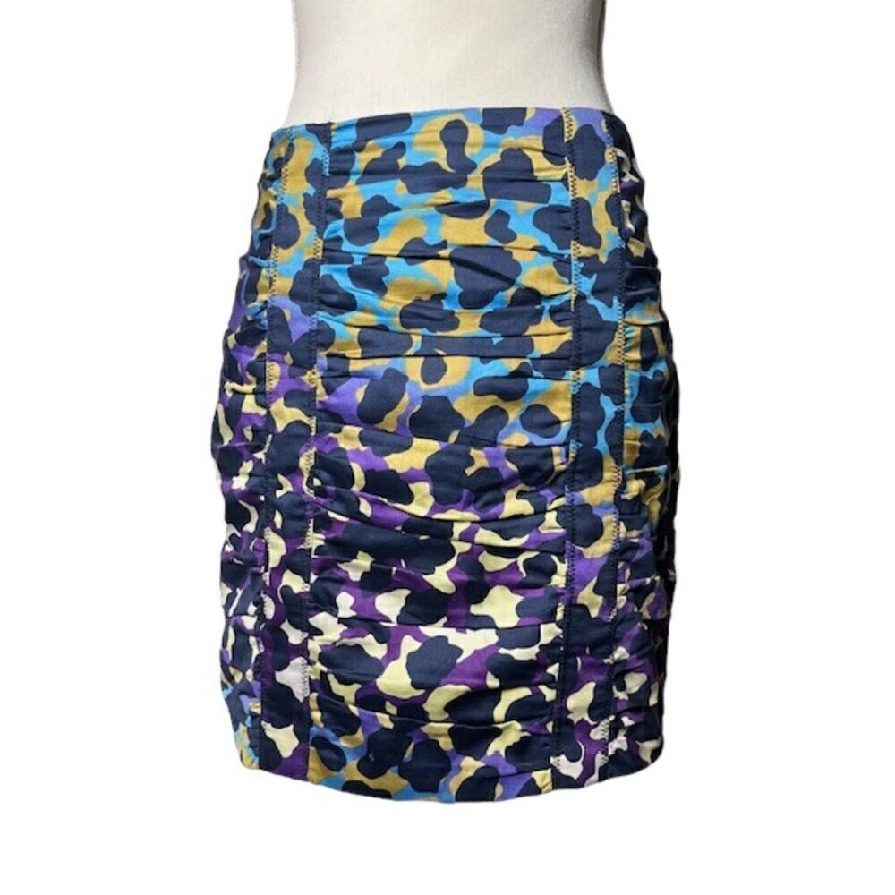 Nanette‎ Lepore Ruched Leopard Print Cotton Pencil Skirt Navy Multi Size 6